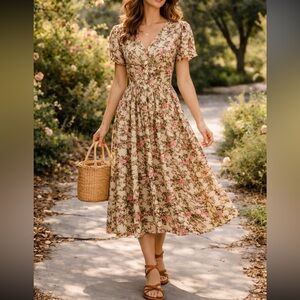 Vintage Pioko Floral Rayon Midi Dress Cottagecore Prairie Button Front